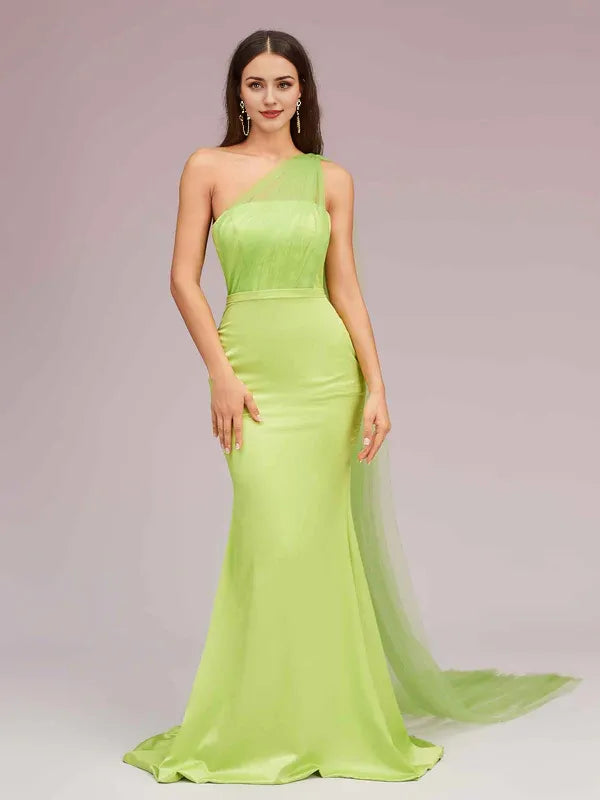 Robe Weitese unique sirène trompette une épaule longue douce satin formelle tulle robes de bal